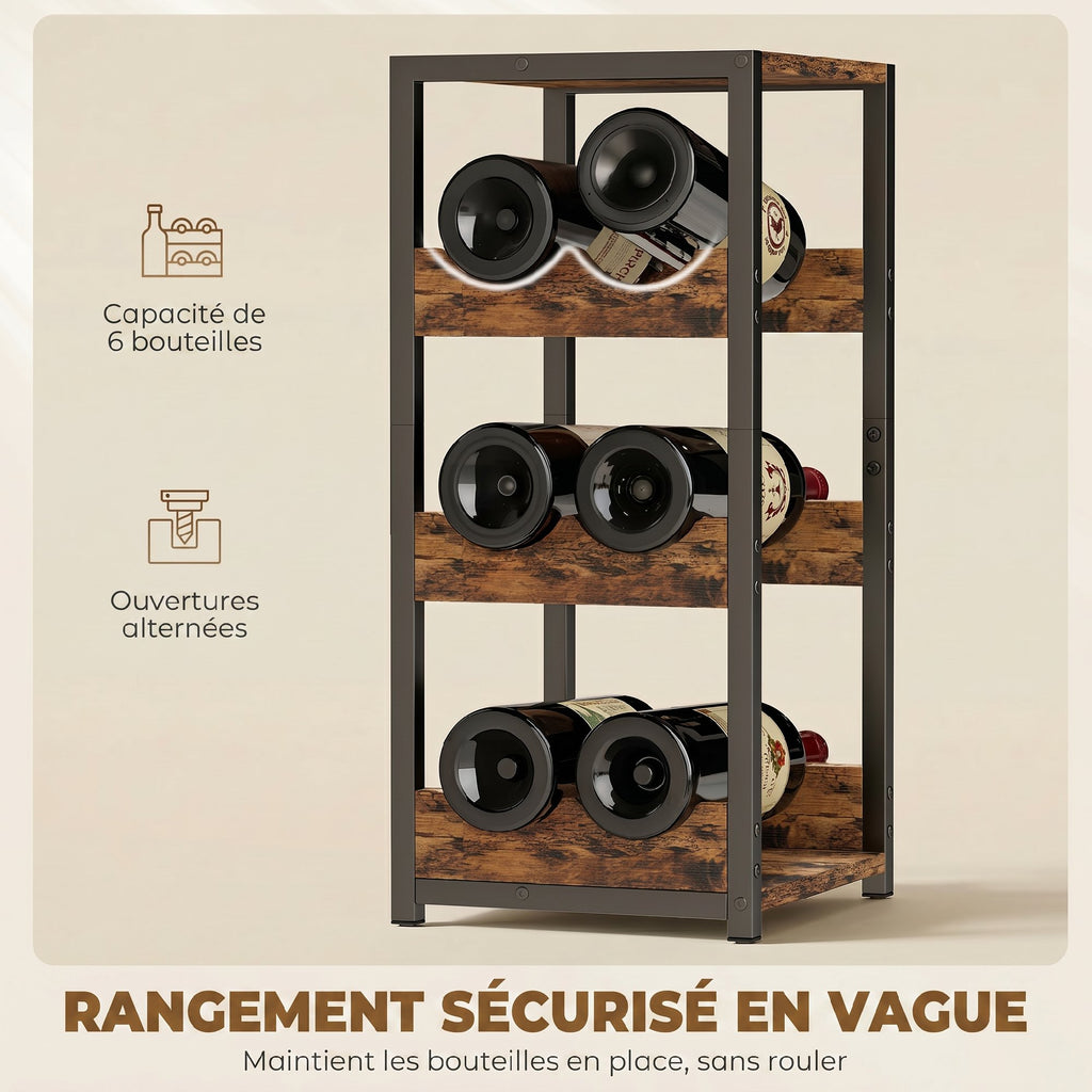 Casier à bouteilles pour 6 bouteilles, casier à vin avec étagères ondulées, 22 x 24 x 49,2 cm, brun rustique