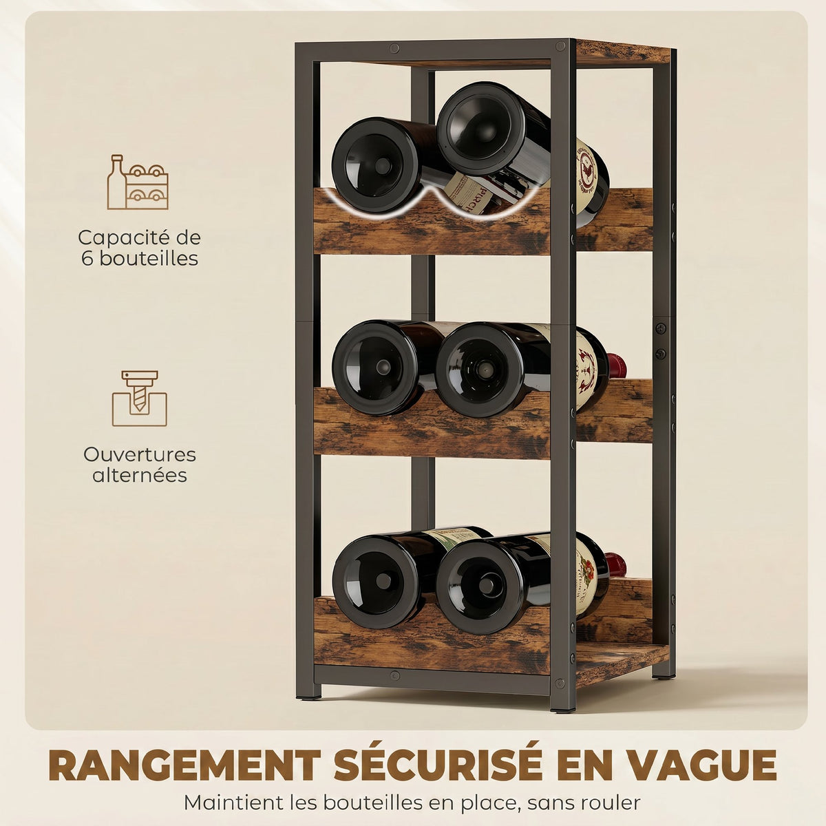 Casier à bouteilles pour 6 bouteilles, casier à vin avec étagères ondulées, 22 x 24 x 49,2 cm, brun rustique